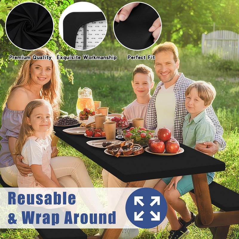 Moosfor Picnic Table Cover with Bench Covers, Elastic Fitted Spandex Tablecloths for 6 Foot Rectangle Tables, Stretch Washable Patio Tablecloth for Outdoor, Camping (Black, 30"x72") - Image 5